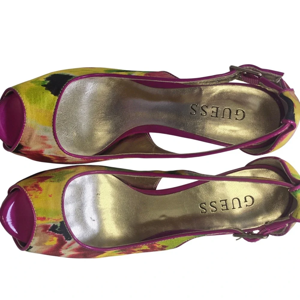 Guess GWHONDOLA Floral Peep Toe Platform Heels Pink‎ Yellow Magenta Womens 6M